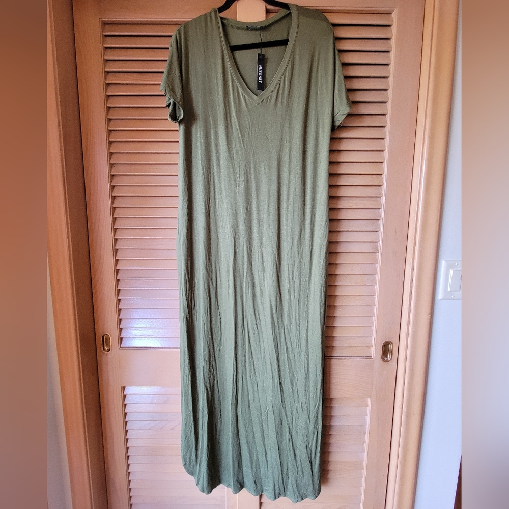 HUSKARY MAXI SHIRT DRESS V NECK Army Green